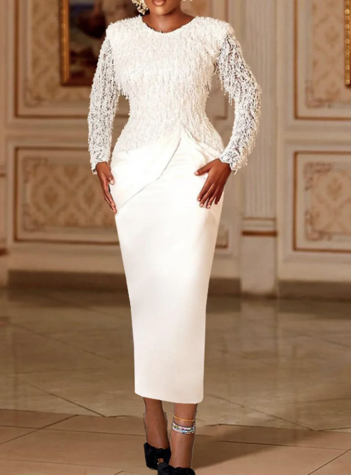 Langarm Bodycon Standesamtkleid Annett Knöchellang mit&nbsp;Fransen