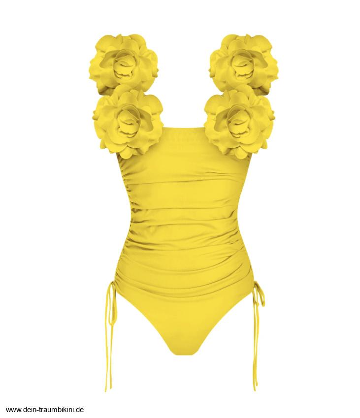 Einfarbiges Damen Badeanzug in Gelb mit 3D&nbsp;Blumen