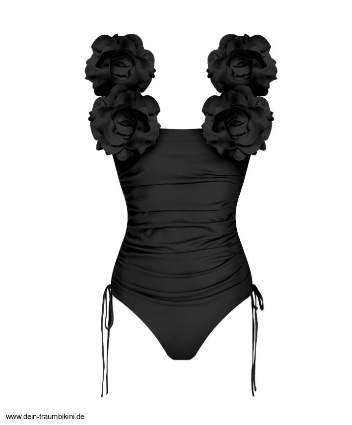 Einfarbiges Damen Badeanzug in Schwarz mit 3D&nbsp;Blumen