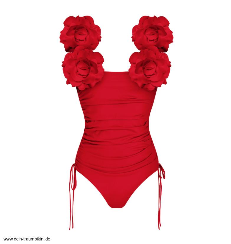 Einfarbiges Damen Badeanzug in Rot mit 3D&nbsp;Blumen