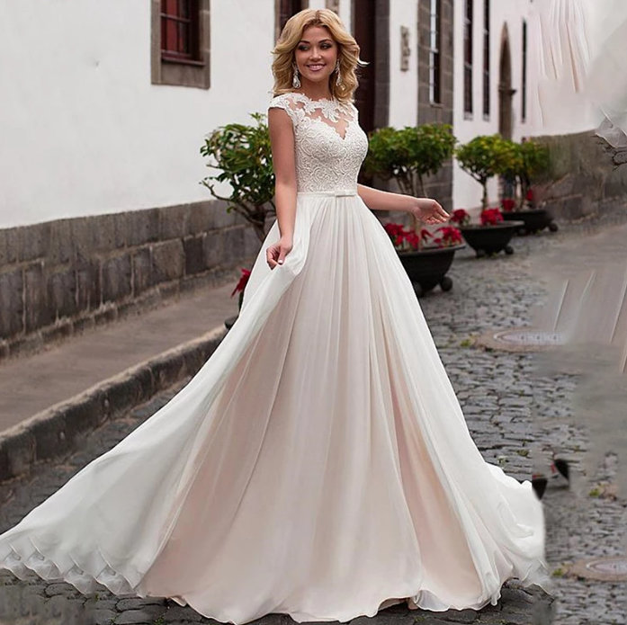 A Linie Chiffon Brautkleid Belana Bodenlang mit Spitze&nbsp;Ärmellos