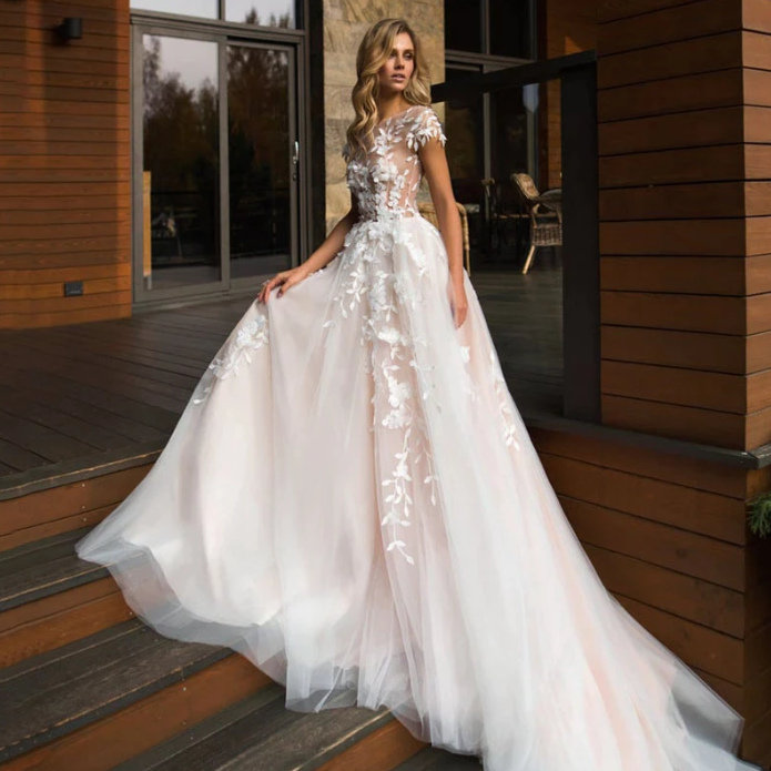 A Linie Kurzarm Brautkleid Barbie mit 3D Blumen und&nbsp;Spitze