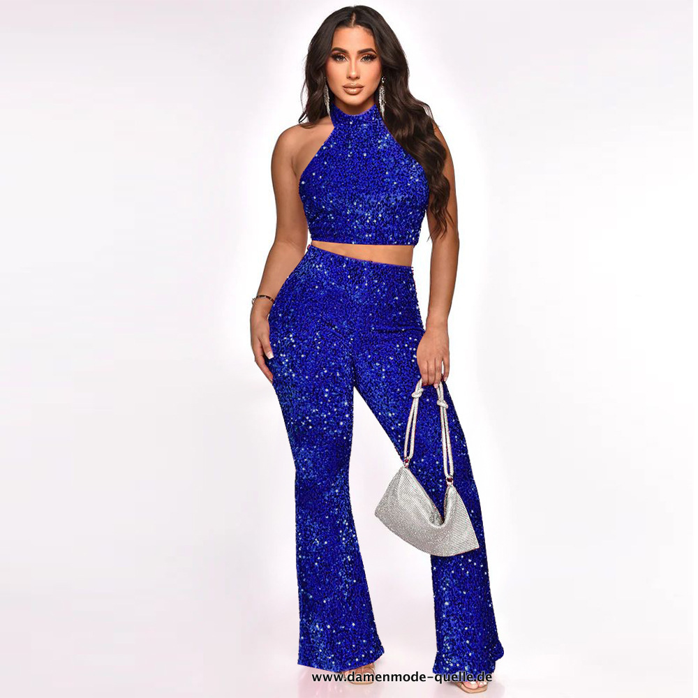 Blaues Pailletten Neckholder Crop Top und Hose im Set
