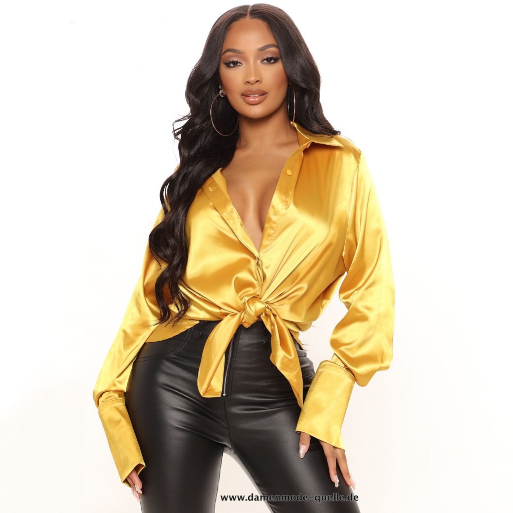 Elegante Damen Langarm Einreiher Bluse in Gelb Gold