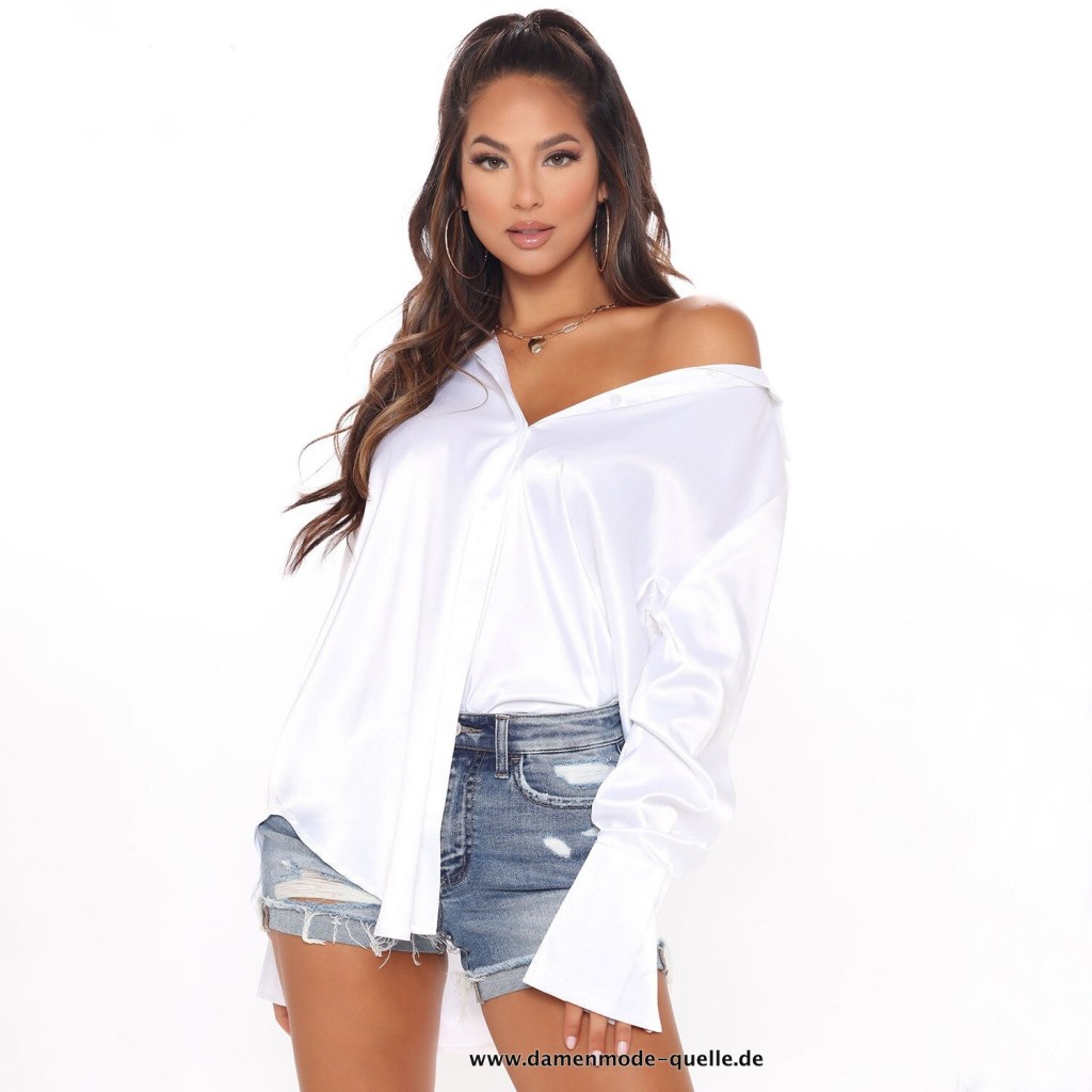 Elegante Damen Langarm Einreiher Bluse in Weiß