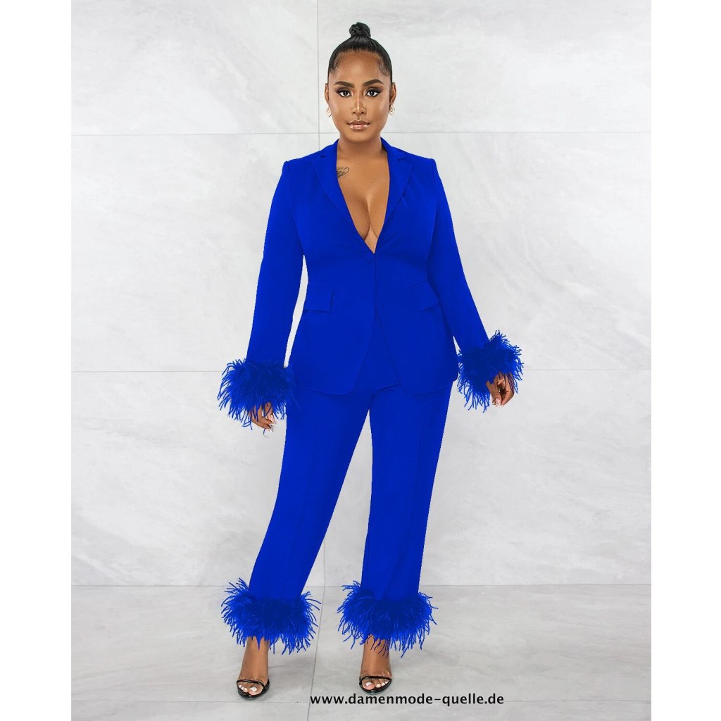 Fell Saum Blazer Anzug für Damen + Gerade Hose im Set&nbsp;Blau
