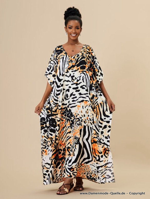 Maxi Sommer Strandkleid mit Fledermausärmel Tigermuster&nbsp;Weiß