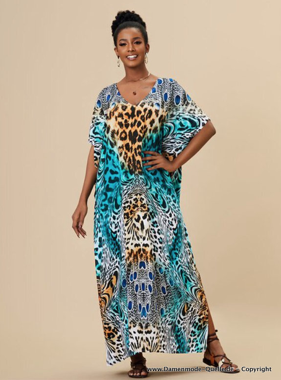 Maxi Sommer Strandkleid mit Fledermausärmel mit Pfau&nbsp;Muster