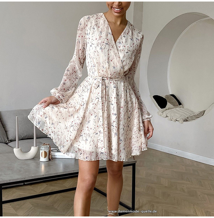 Weißes Damen V-Ausschnitt Blumenmuster Kleid&nbsp;Damenmode