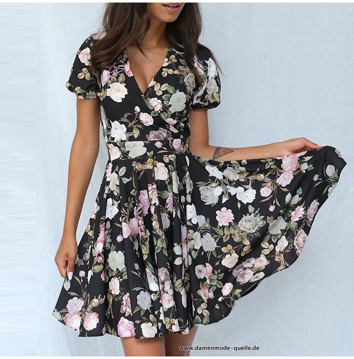 V Ausschnitt Schwarz Blumenmuster Vintage&nbsp;Sommerkleid