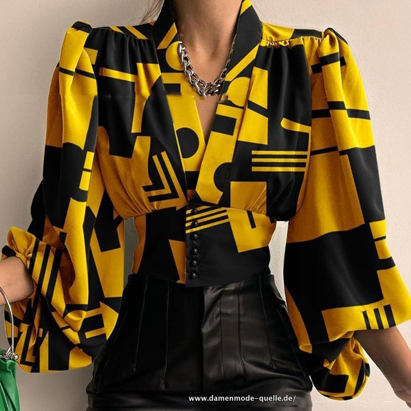 Büro Bluse mit V-Ausschnitt im Vintage Look in&nbsp;Gelb