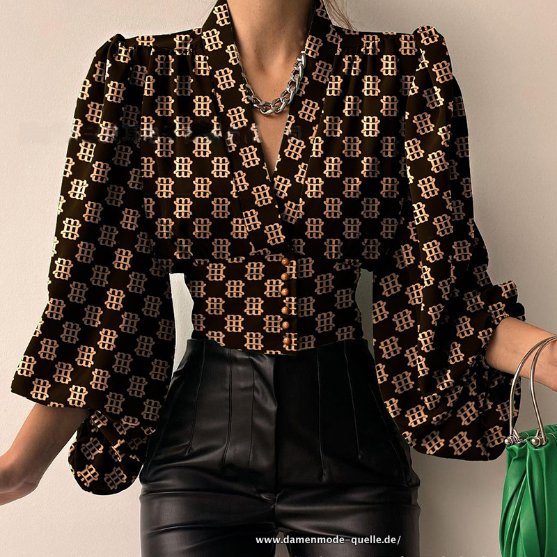 Büro Bluse mit V-Ausschnitt im Vintage Look in Schwarz&nbsp;Khaki