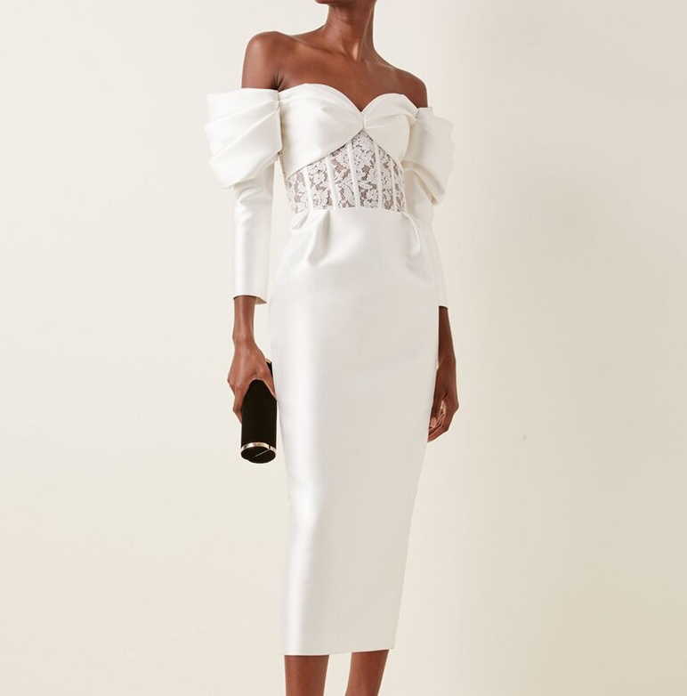 Schulterfreies Bodycon Langarm Standesamtkleid Charlize mit&nbsp;Spitze