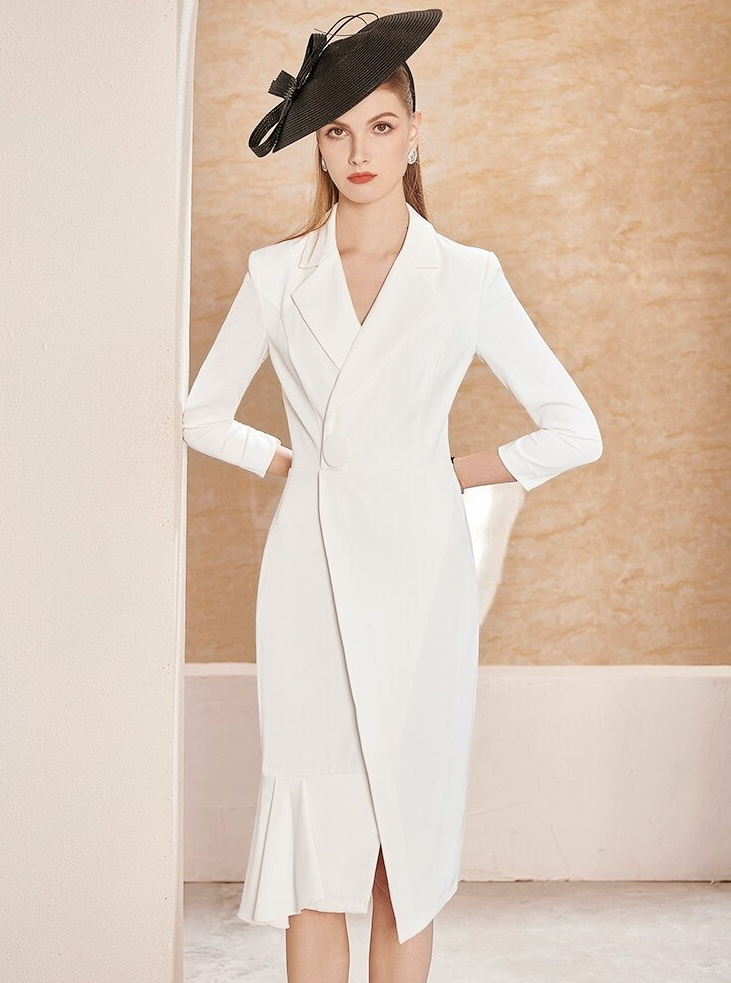 Elegantes Langarm Standesamtkleid Blazerkleid für die Braut&nbsp;Wadenlang