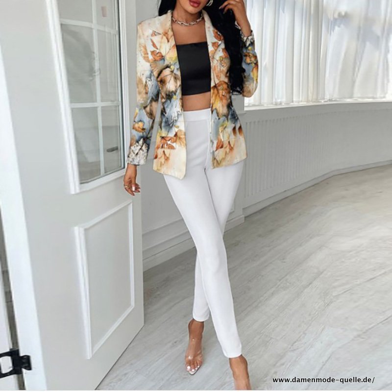 Business Hosenanzug Schmal Geschnitten Weiß Beige mit&nbsp;Blumenmuster