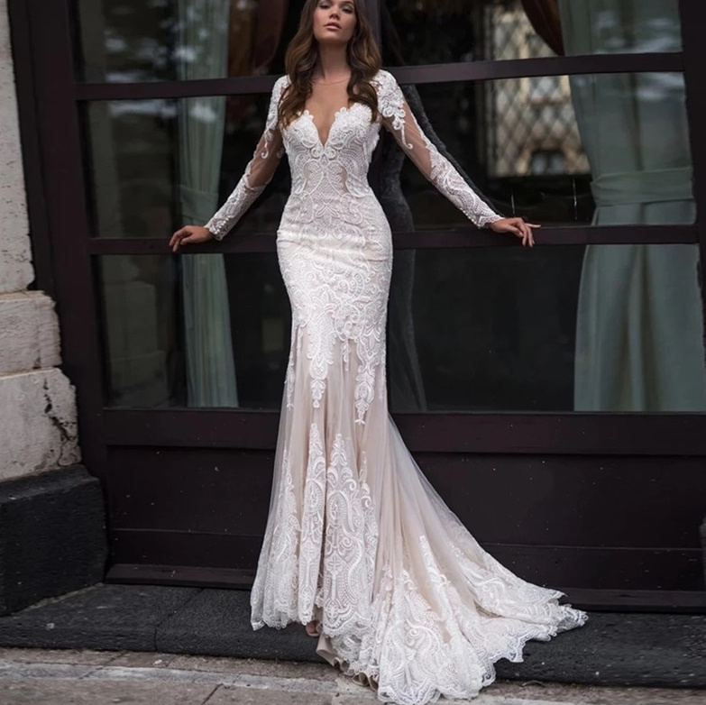 Fit and Flare Langarm Brautkleid Cara mit Spitzen&nbsp;Applikationen