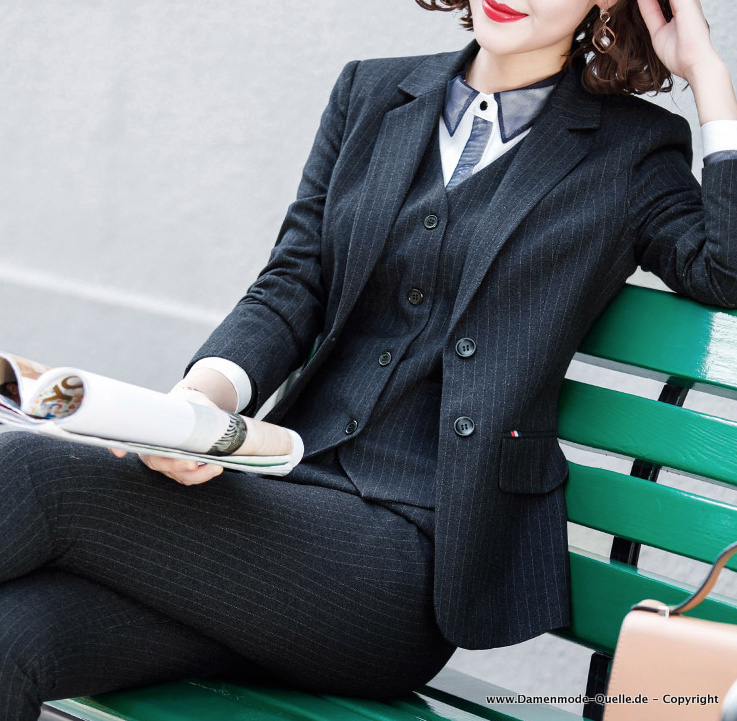 Damen Hosenanzug Elegant Dreiteilig in Schwarz&nbsp;Gestreift
