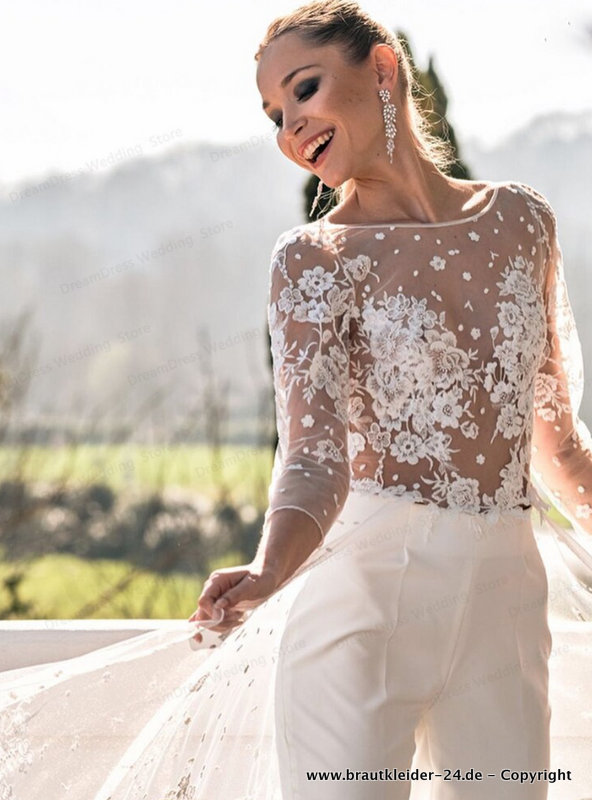 Hochzeits Overall Jumpsuit Onepice für die Braut in Weiß mit&nbsp;Spitze