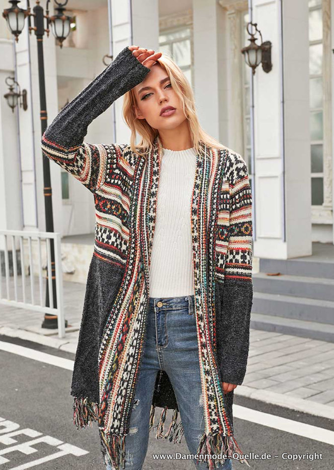Boho Argyle Cardigan Strickjacke in Silbergrau&nbsp;Knielang