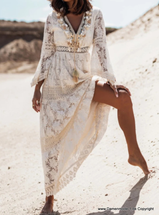  A Linie Maxi Boho Langarm Sommerkleid in&nbsp;Champagne
