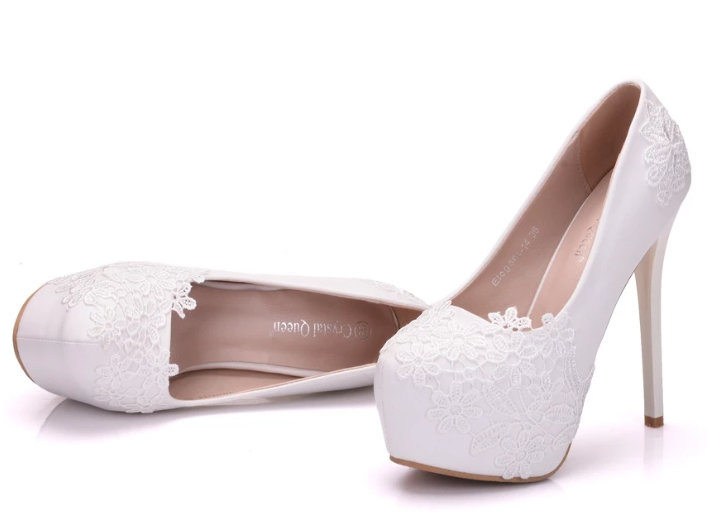 Stiletto Luxus High Heels Brautschuhe Pumps Hochzeitsschuhe in Weiß mit&nbsp;Spitze