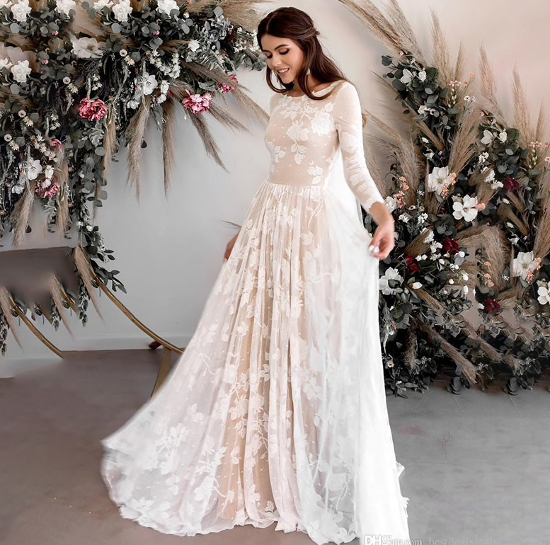 Empire Langarm Brautkleid in Elfenbein mit Blumenspitze&nbsp;Lang