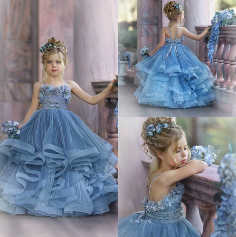 A Linie Blumenmädchen Kleid Danica mit Spaghettiträger Blumen und Tüll&nbsp;Blau