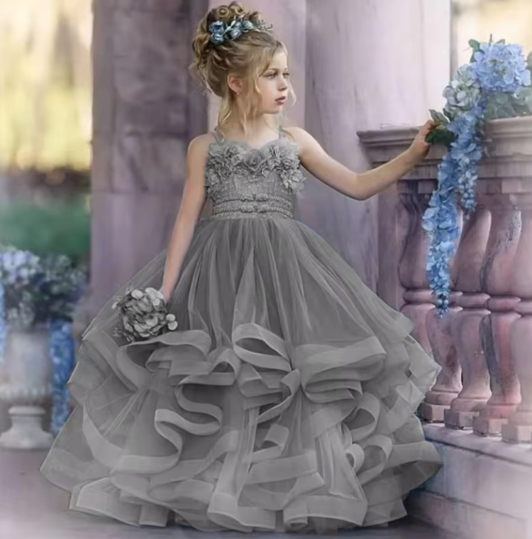 A Linie Blumenmädchen Kleid Danica mit Spaghettiträger Blumen und Tüll&nbsp;Silbergrau