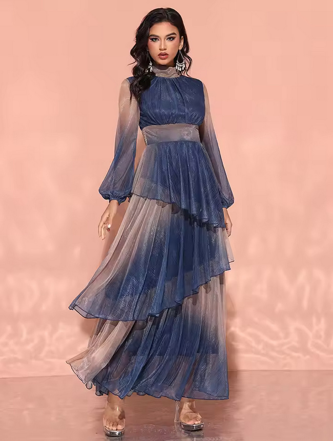 A Linie Langarm Chiffon Kleid 2025 Elegant in Blau mit&nbsp;Laternenärmel