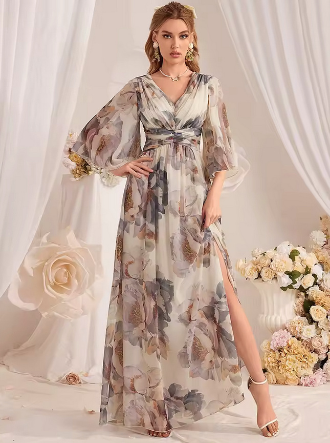 A Linie Langarm Chiffon Kleid 2025 Elegant in Ivory mit&nbsp;Blumenmuster