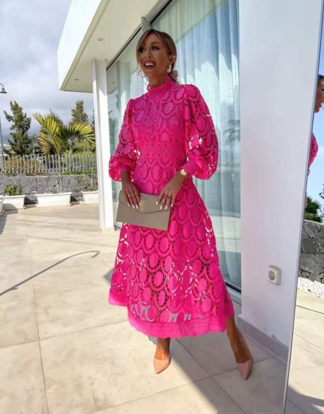 A Linie Langarm Kleid Galaxina Elegant für Hochzeitsgäste in Pink aus Spitze&nbsp;Wadenlang