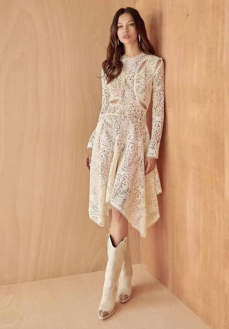 A Linie Langarm Standesamtkleid Gesha Wadenlang aus&nbsp;Spitze