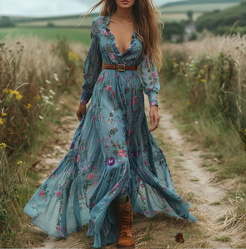 A Linie Maxi Boho Kleid 2025 Daisy Langarm in Blau mit&nbsp;Blumenmuster