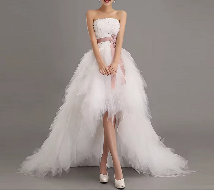 A Linie Sexy Vokuhila Brautkleid Gertraud Schulterfrei Vorne Kurz Hinten Lang mit&nbsp;Schärpe