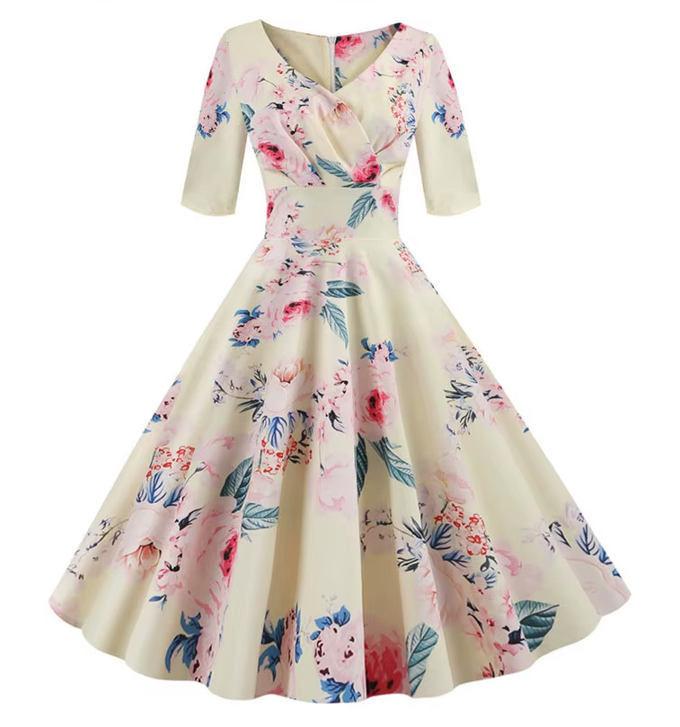 A Linie Vintage Rockabilly Kleid 2025 Davinia Knielang Gelb mit&nbsp;Blumen