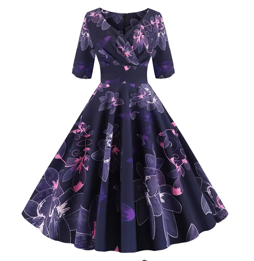 A Linie Vintage Rockabilly Kleid 2025 Davinia Knielang Lila mit&nbsp;Blumen