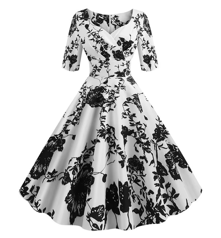 A Linie Vintage Rockabilly Kleid 2025 Davinia Knielang Schwarz Weiß mit&nbsp;Blumen