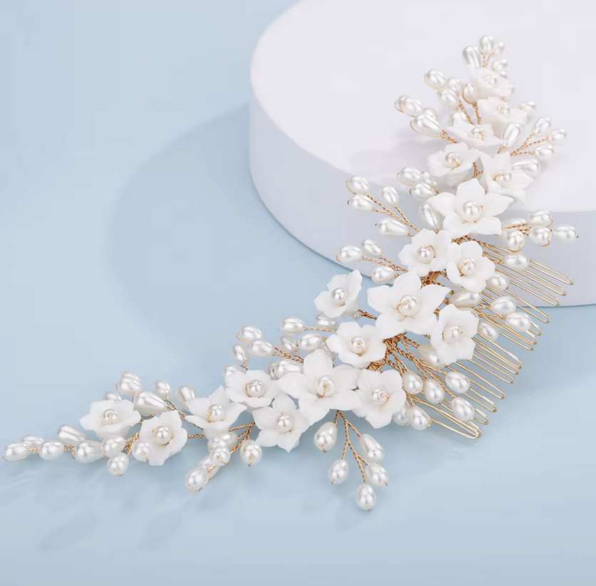 Blumen Braut Haarkamm Fijara Weiß Rose&nbsp;Gold