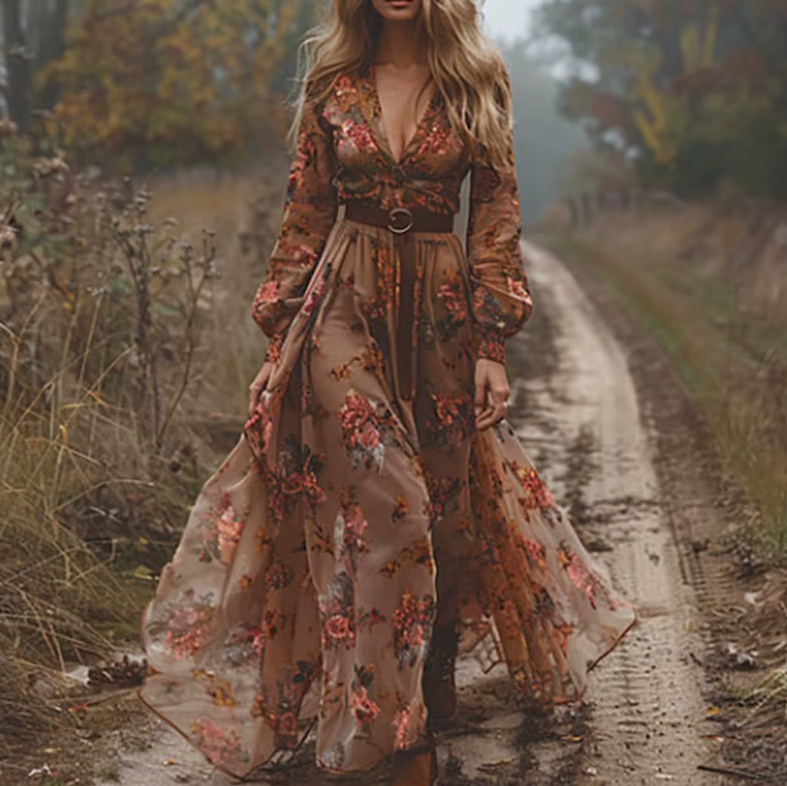 Boho Style Langarm Sommerkleid 2025 Delinda in Braun mit Blumen&nbsp;Stickereien