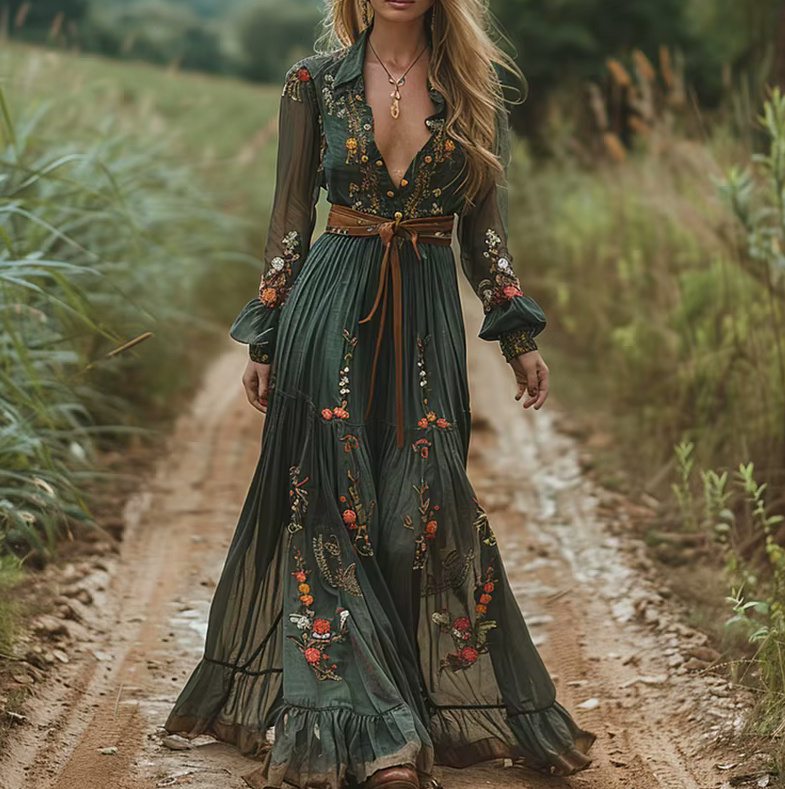 Boho Style Langarm Sommerkleid 2025 Delinda in Grün mit Blumen&nbsp;Stickereien