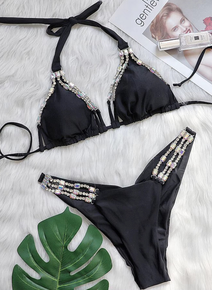 Brasilianischer Glitzer Halterneck Bikini 2025 Trisha mit Strass in&nbsp;Schwarz