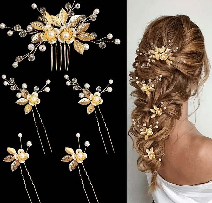 Braut Haarschmuck Set Fanie Romantisch in Gold mit&nbsp;Blumen