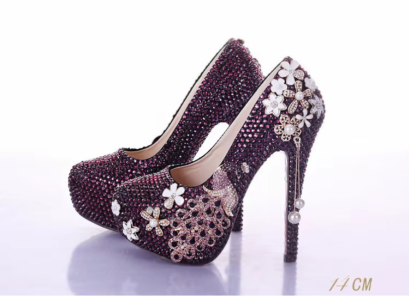 Braut Kristall High Heels Hochzeitsschuhe mit Perlen Dunkellila bis Gr43