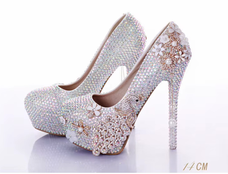 Braut Kristall High Heels Hochzeitsschuhe mit Perlen Weiß bis Gr43