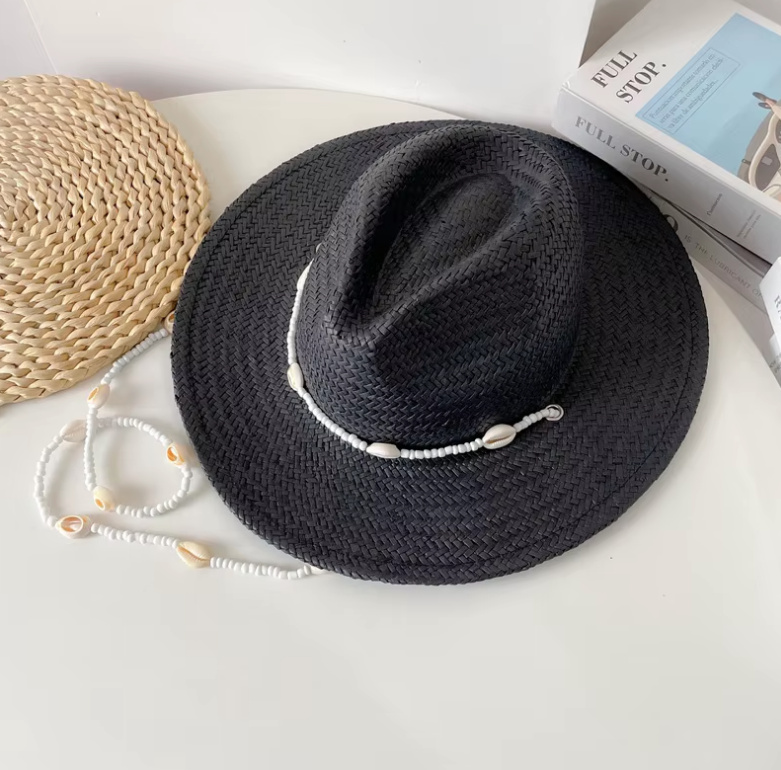 Damen Sommerhut Strohhut 2025 mit Muschelkette&nbsp;Schwarz