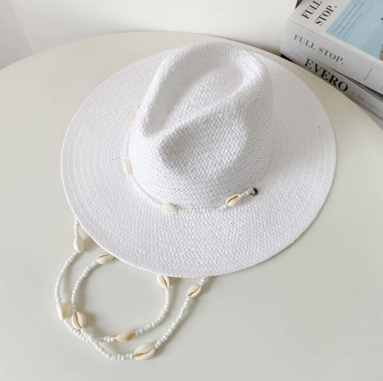 Damen Sommerhut Strohhut 2025 mit Muschelkette&nbsp;Weiß