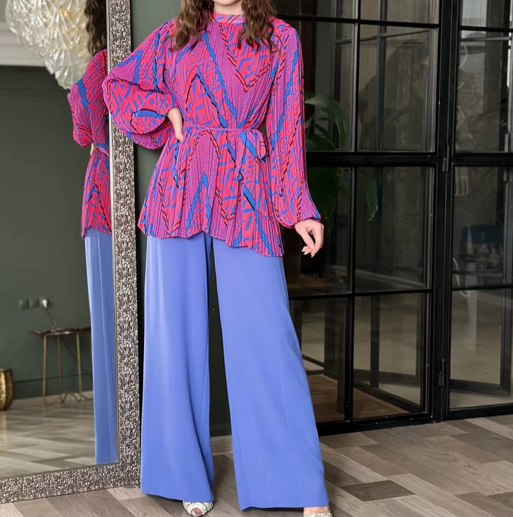 Eleganter Damen Zweiteiler 2025 Outfit Blau Pink Bluse mit Hose im&nbsp;Set