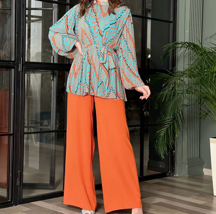 Eleganter Damen Zweiteiler 2025 Outfit Orange Bluse mit Hose im Set