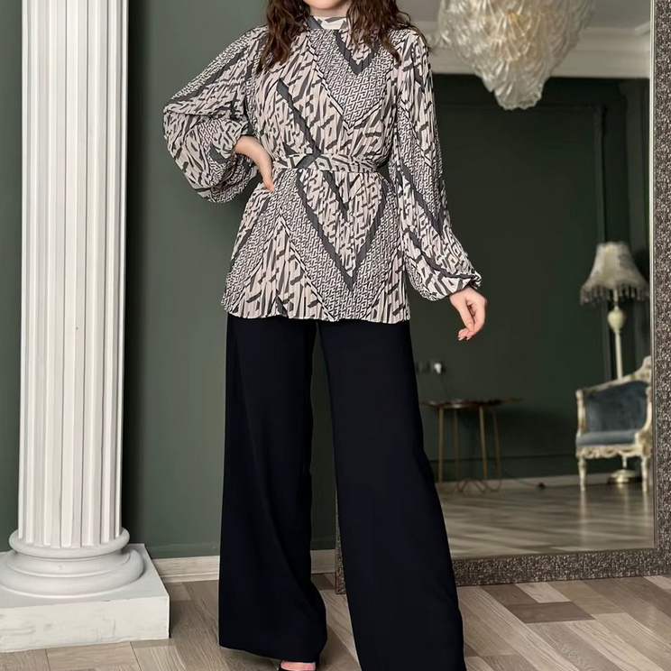 Eleganter Damen Zweiteiler 2025 Outfit Schwarz Bluse mit Hose im&nbsp;Set