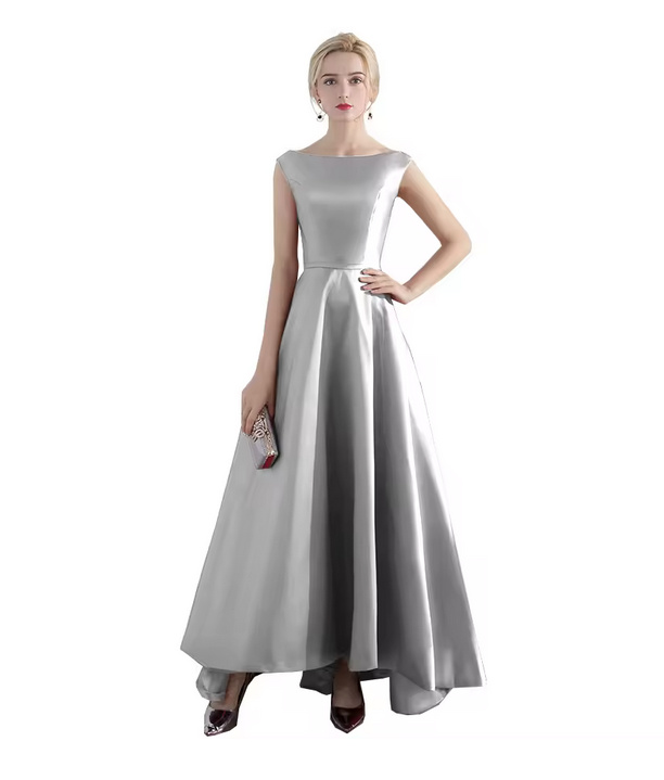 Elegantes Ärmelloses Satin Abendkleid 2025 Schlicht in&nbsp;Silber